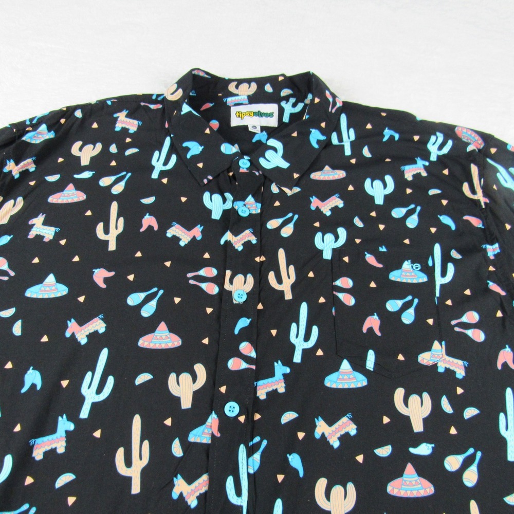 Tipsy Elves Button Down Shirt Mens 3XL Black Fiesta Cactus Pinata